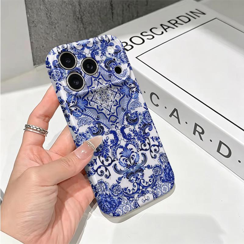 Porcelain Blue Stylized Floral Pattern Art Graphic Design Film Aesthetic Protective Shockproof Bumper Phone Case Cover For iPhone 14 15 16Pro Max Plus