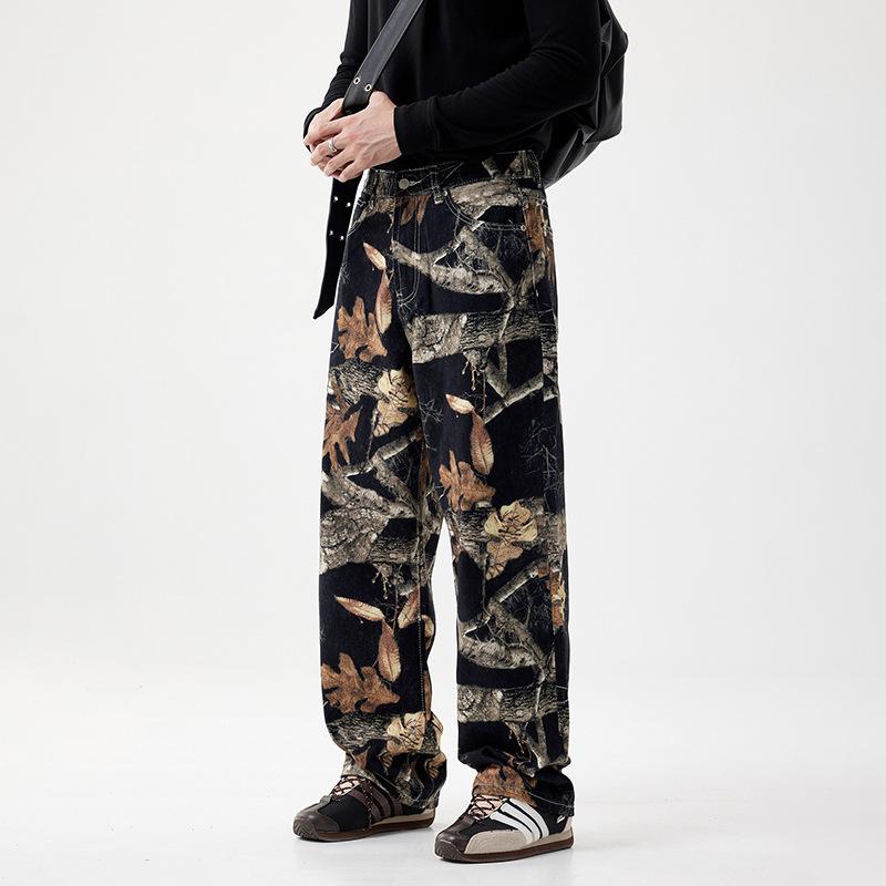 Bajia popular loose straight wide-leg denim print graffiti black branches fallen leaves fashion street jeans men
