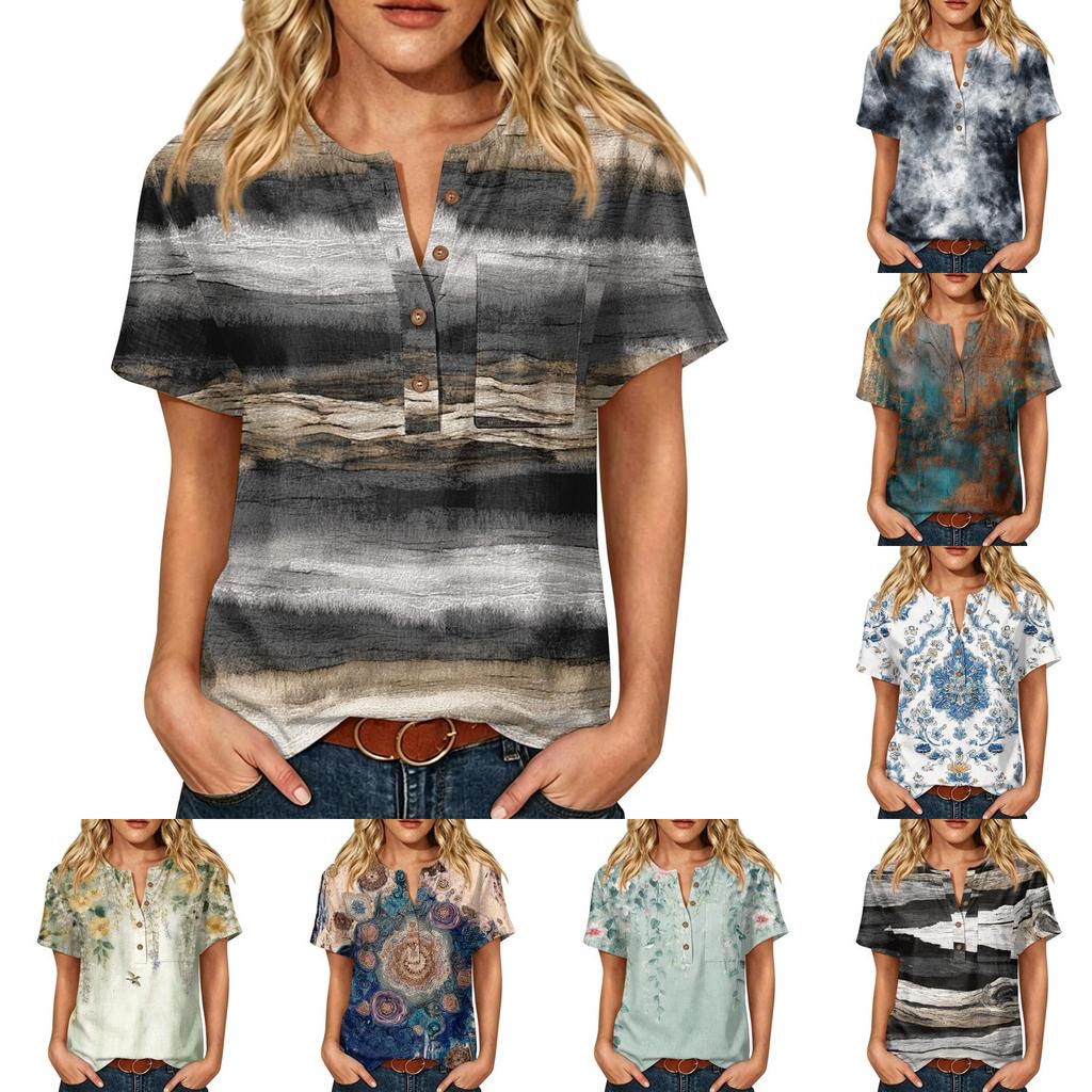 Women Henley Neck Printed Short Sleeve Cotton Linen Shirt with Front Pocket and Button Casual Fit Top
