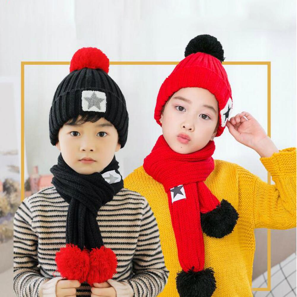2Pcs/set Kid Knitting Hat Beanie + Long Scarf Thicken Velvet Cute Star Winter Warm Set