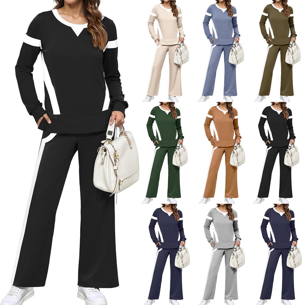 Women's Fashion Casual Long-Sleeve Solid Color Blocked Hoodie And Wide-Leg Pants Two-Piece Set