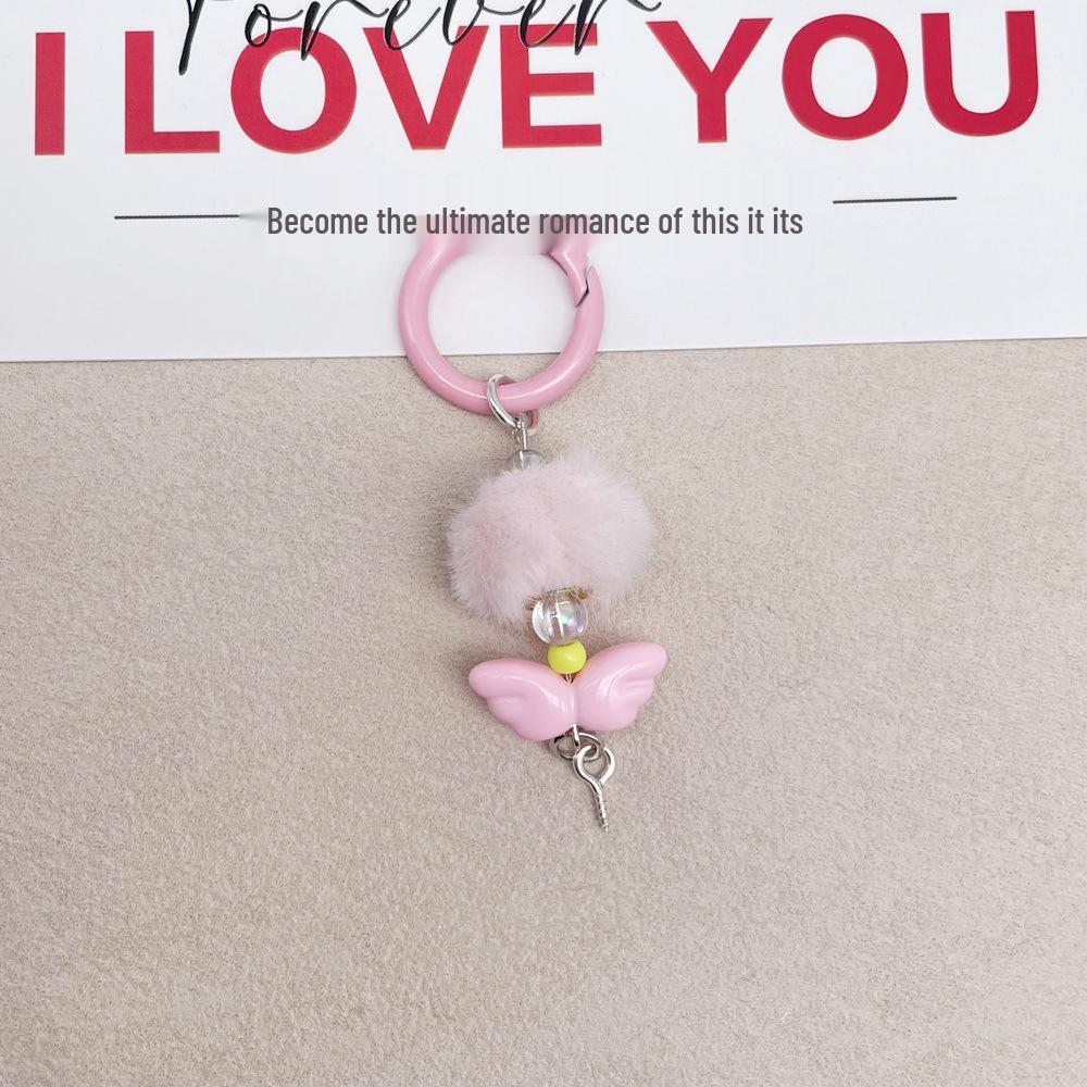 Colorful Pom-pom Angel Wings Keychain Pendant - DIY Cute Bead Accessory Angel Wings Keychain with Beads and Pom-poms светло-розовый