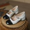 Mary Jane Small Leather Shoes Women's French Retro Color Matching Four-season Thick Heel Princess Style High Heels Single Shoes 676-9