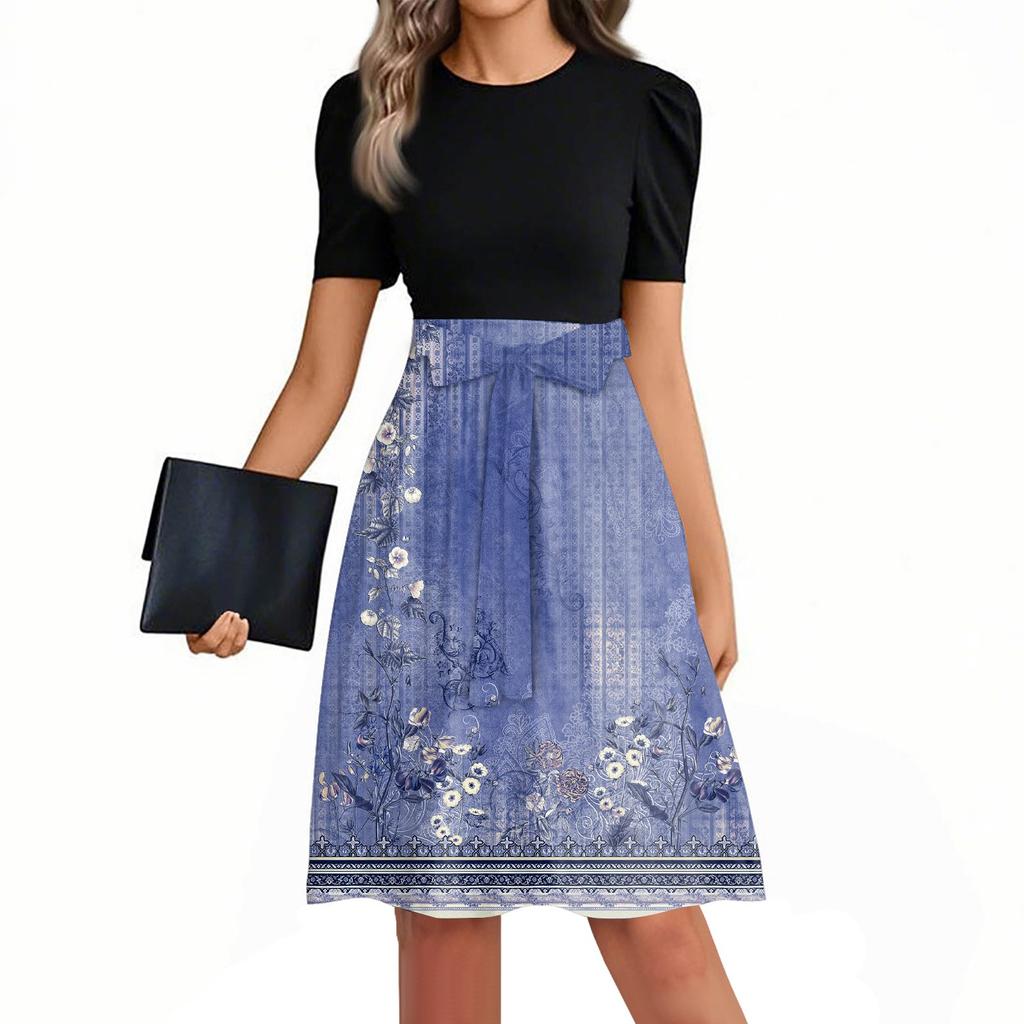 Dámské módní ležérní šaty s krátkým rukávem, kulatým výstřihem a potiskem patchworku