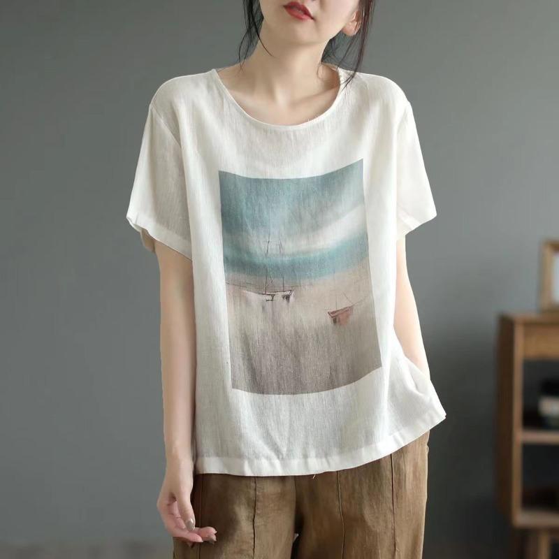YYFS Women's Fashion Casual Summer Spring Flower Pattern Print 1/2 Sleeves O-Neck Blouses & Shirts