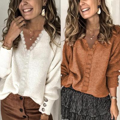 Maglioni Invernali da Donna Lavorati a Maglia Larghi Manica Lunga Scollo a V Pullover Autunnali Pizzo Tinta Unita Top Maglioni