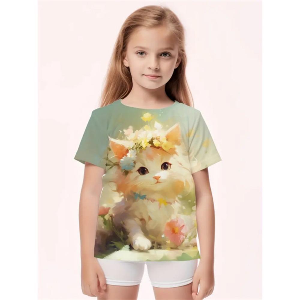 Roupa de Menina 2025 Gato de Desenho Animado Animal Fofo Estampa 3D Moda Casual Camisetas Engraçadas Camisetas de Menina Top de Verão de Manga Curta