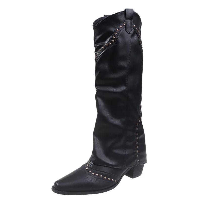 Fashion Luxury Designer Winter Women Western Cowboy Boots Fashion Ladies Elegant Knight Long Boots Square Heel Women's Shoes