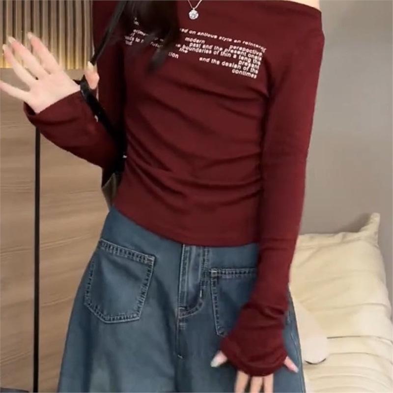 

Korean Style Off-Shoulder Slim-Fit Long-Sleeve Textured Autumn Top for Women Extra Large бордовий