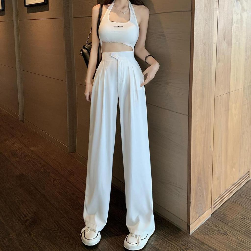 Calças largas de cor sólida para estudantes femininas de primavera e outono, cintura alta, tamanho grande, tubo reto, caimento solto, calças casuais de terno para esfregão de chão