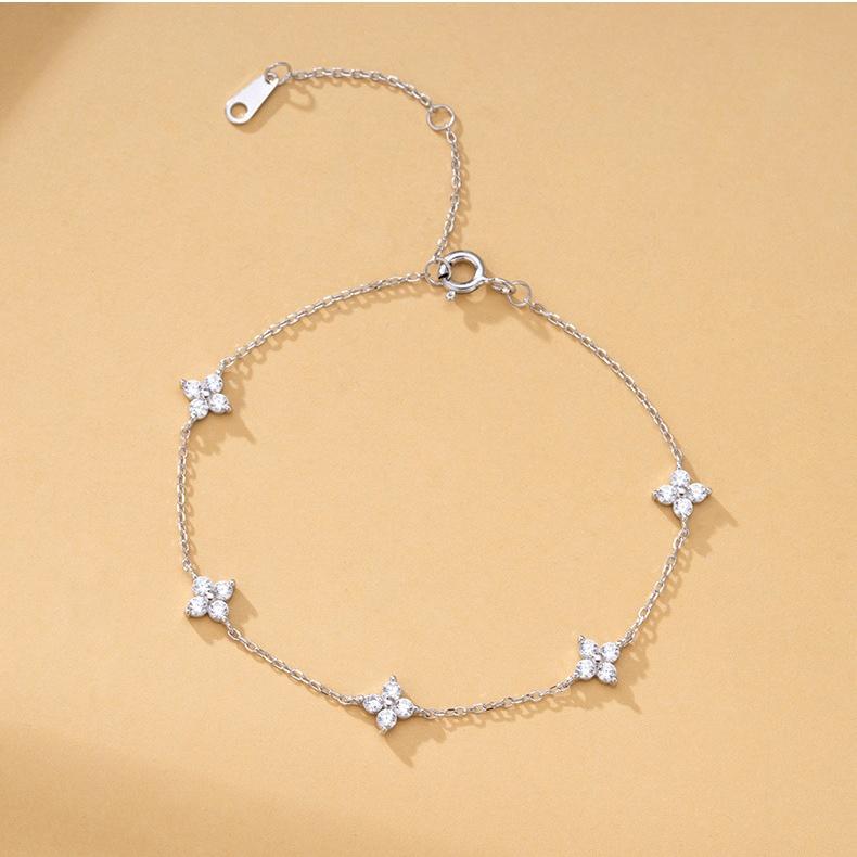 Romantic 18K Gold Plated S925 Silver Zircon Flower Bracelet 925 Sterling Silver Four Petal CZ Station Bracelet