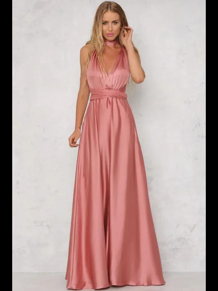 Europäisches und amerikanisches Abendkleid aus Satin mit tiefem V-Ausschnitt für Damen – eleganter, einfarbiger, langer Rock