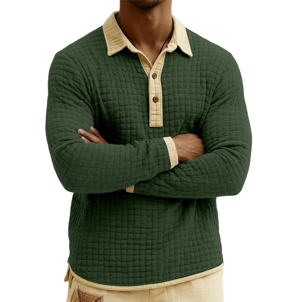 Men's Quilted Knit Color,blocked Pullover Button,down Top