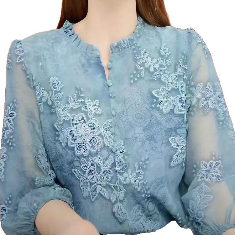 2026 Spring/Summer Women's Long Sleeve Lace Chiffon Shirt - Elegant and Slimming Design
