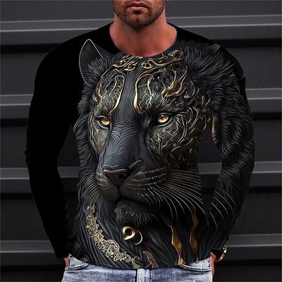 T-shirt taglie forti autunnali Abbigliamento maschile T-shirt da uomo T-shirt con stampa animalier 3D, scollo a V, manica lunga, casual, da strada, vintage