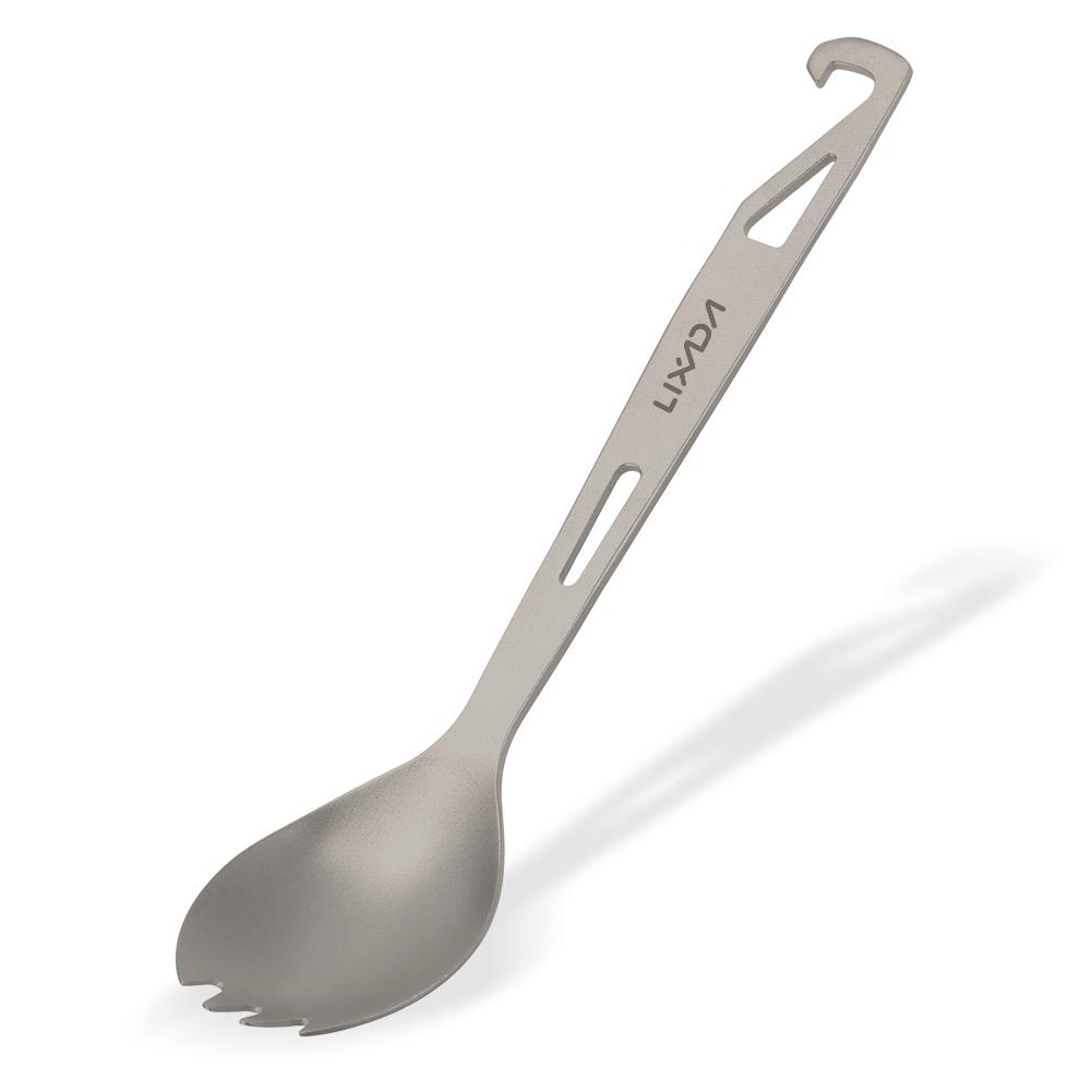 Lixada 2 In 1 Outdoor Titanium Spoon Camping Tableware Bottle Opener Picnic Dinner Titanium Spork Fork for Travel Backpacking