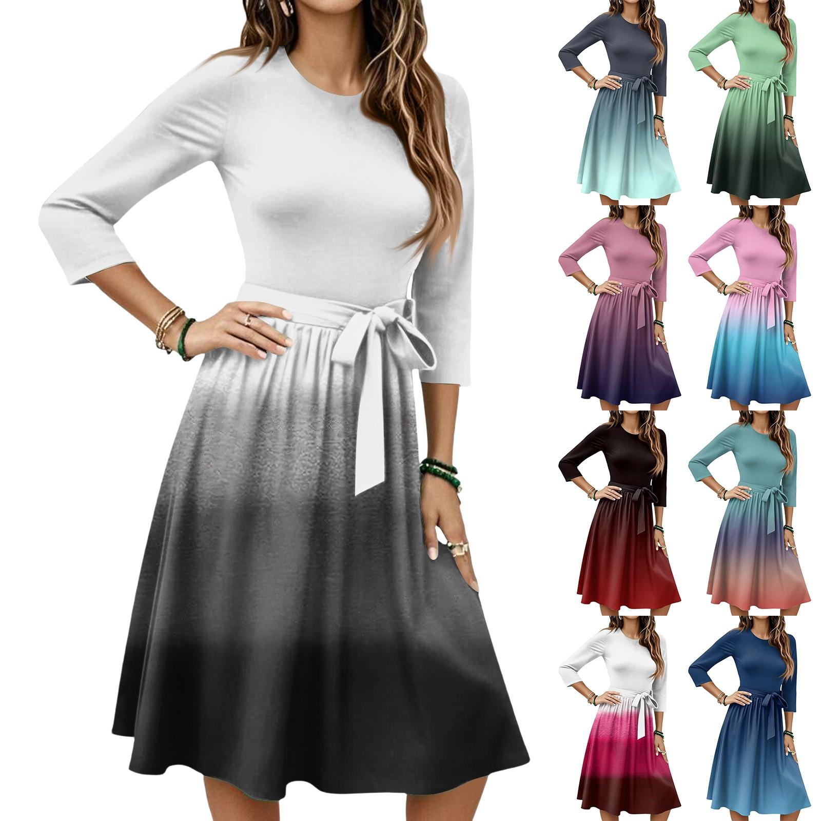 

Women s Fashion Casual Waistband Seven Sleeve Round Neck Gradient Flowy Dresses S білий