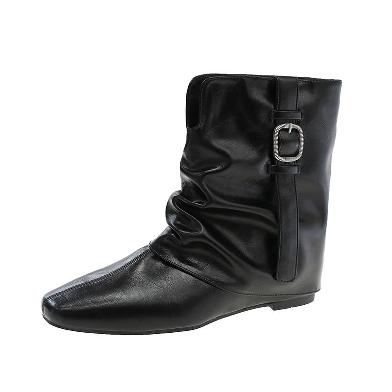 Pile boots Skinny thick heel temperament Low leather boots Folded square head medium boots and new autumn and winter women