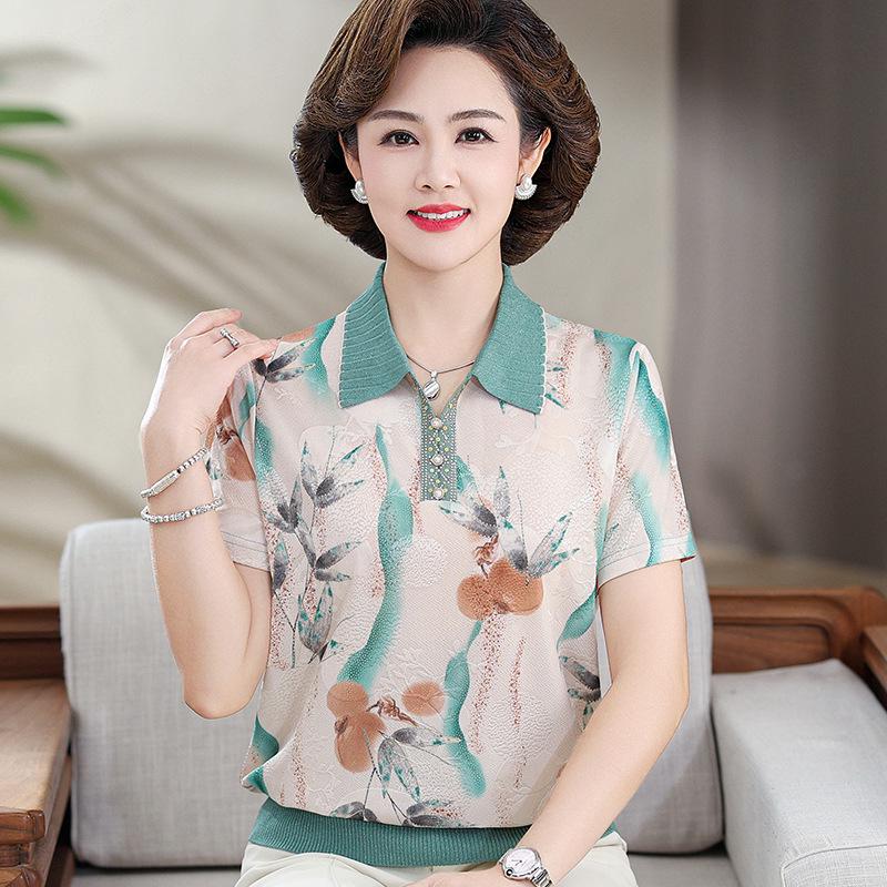 

Petite Elegant Ice Silk Summer Top, Short-Sleeve Lapel T-Shirt for Middle-Aged & Elderly Women XL (100-110 lbs) зелений/синій