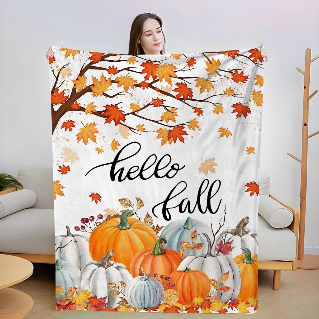 Thanksgiving Flannel Blanket - Maple Leaf & Pumpkin Design Throw for Sofa Decoration