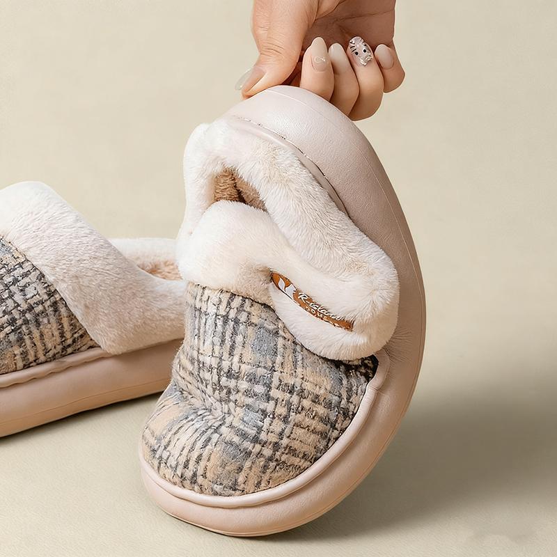 Women's Winter Warm Fur Slippers Stripe House Non Slip Shoes Comfort Flat Heel Home Indoor Bedroom Casual Plush Men Slippers