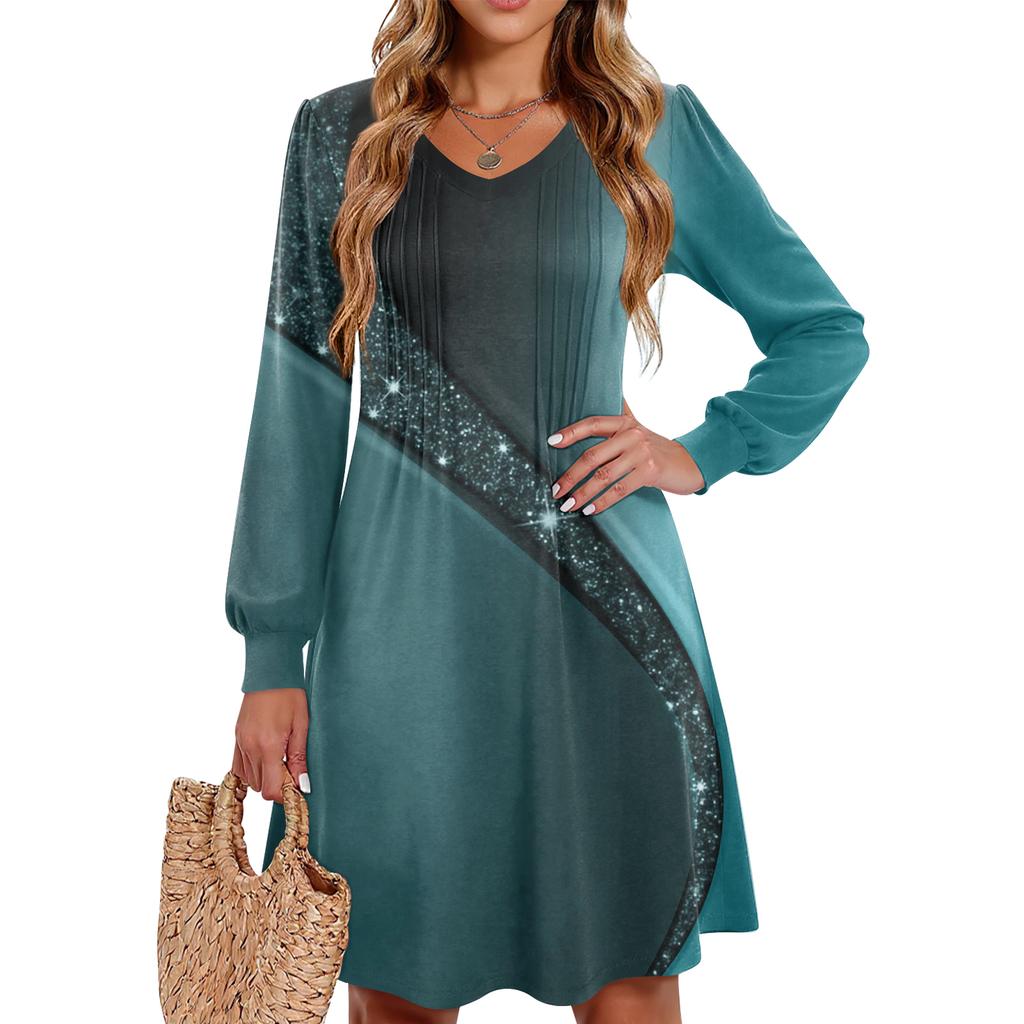 Ladies' Printed Casual And Fashionable V-neck Long Sleeved Mid Length Dress