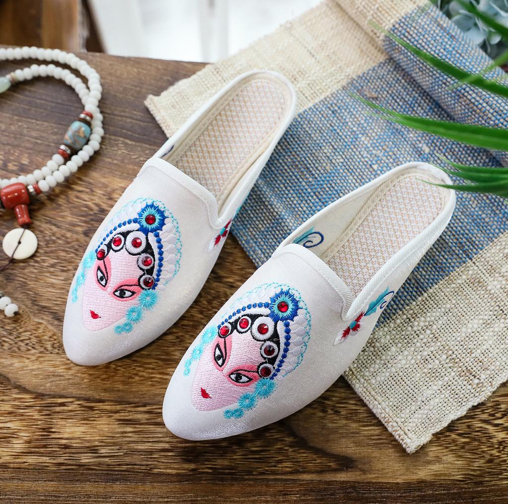 Slippers, Summer Fabric Slippers Peking Opera Huadan Face Mask Embroidered Pointed Women's Sandals