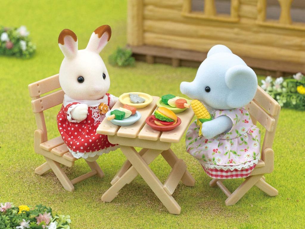 Calico Critters Bubbly Brook Elephant Girls BBQ Picnic Set Dollhouse Playset with Figures and Accessories