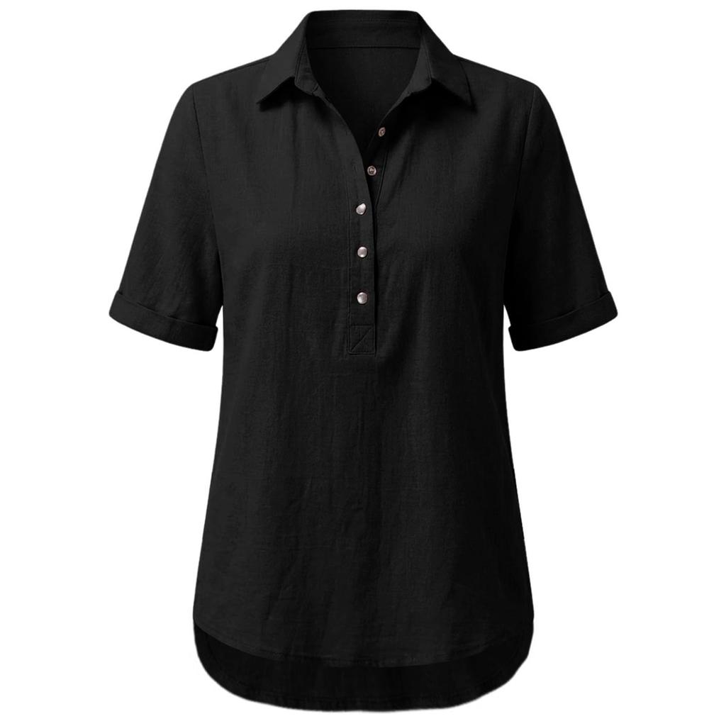 Womens Loose Fit V Neck Blouse Casual Cotton Linen Short Sleeve Shirt Button Down Lightweight Top for Daily Wear