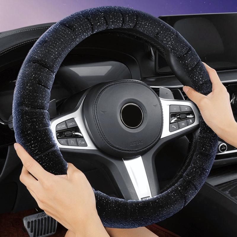 

38cm Round Car Steering Wheel Cover Fluffy Winter Plush Anti-Slip Car Decoration Black