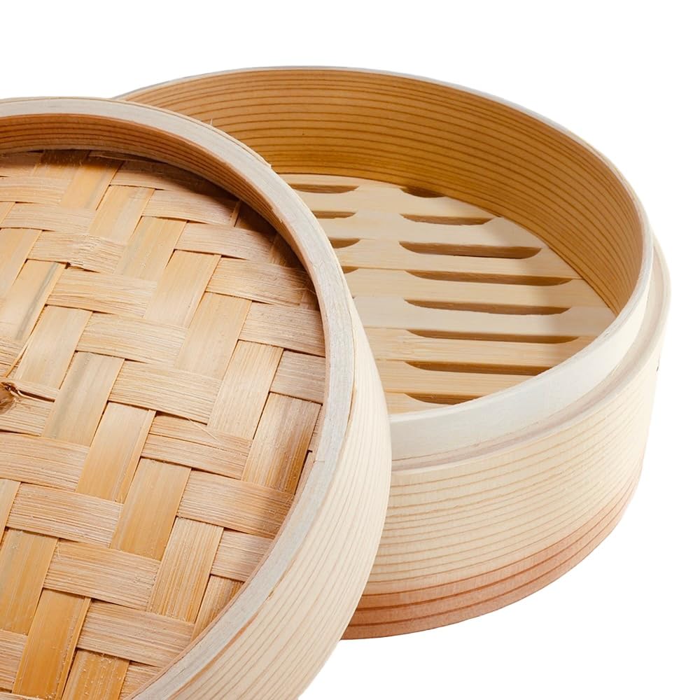 Cedar Chinese Steamer, 18cm, with Lid, 2-Tier Set, for Home and Commercial Use, Natural Wood