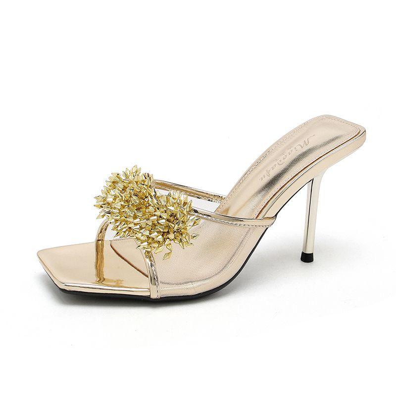 2025 summer new flower rhinestone mesh sandals thin heel open-toed cool slippers light gold banquet high heels women