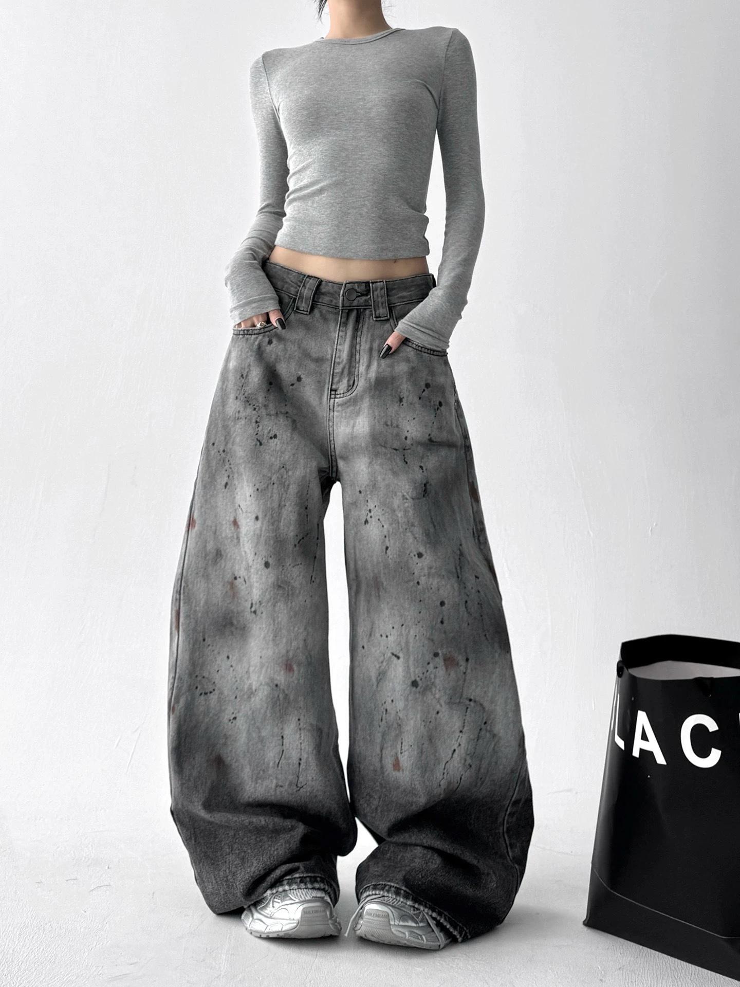 Women s 2025 Autumn High-Waist Wide-Leg Graffiti Jeans Medium
