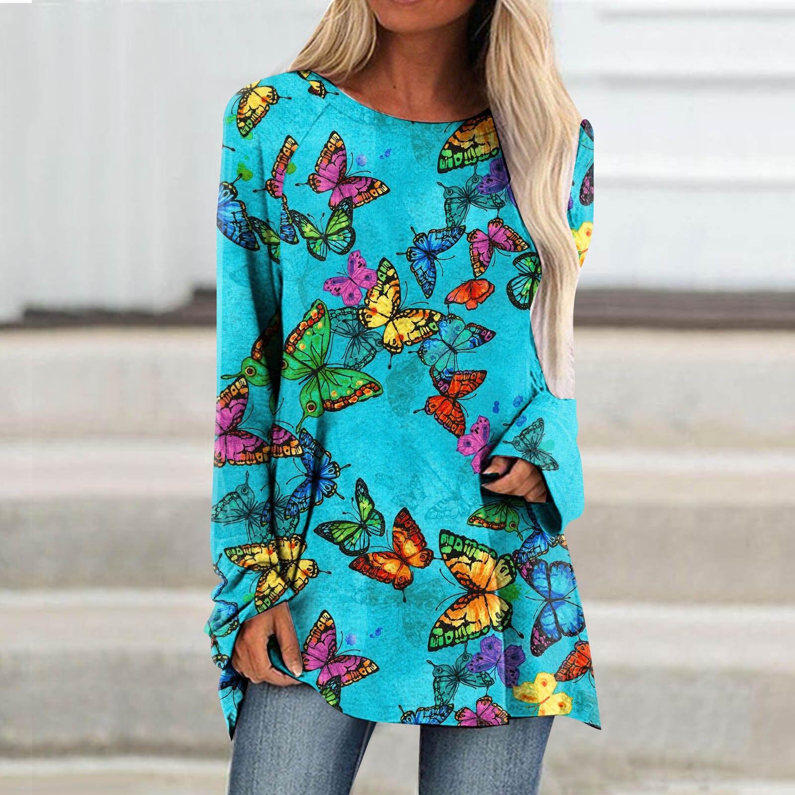 

Осенние женские повседневные пуловеры с длинным рукавом и 3D принтом бабочки и круглым вырезом, футболки, женские модные топы, футболка, женские футболки, одежда 6XL