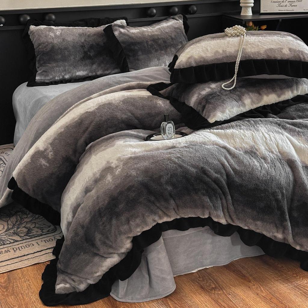 Korean-Style Four-Piece Velvet Bedding Set with Lace and Rabbit Fur: Includes High-Gram Fitted Sheet, Duvet Cover, and Plush Bed Sheet.