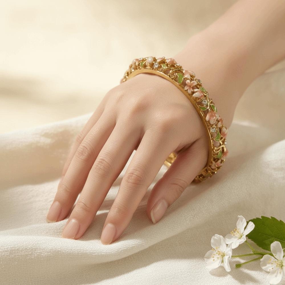 Hollowed Floral Chinese Flower Bangle Enamel Women's Hand Bracelet Gifts for Women Girl