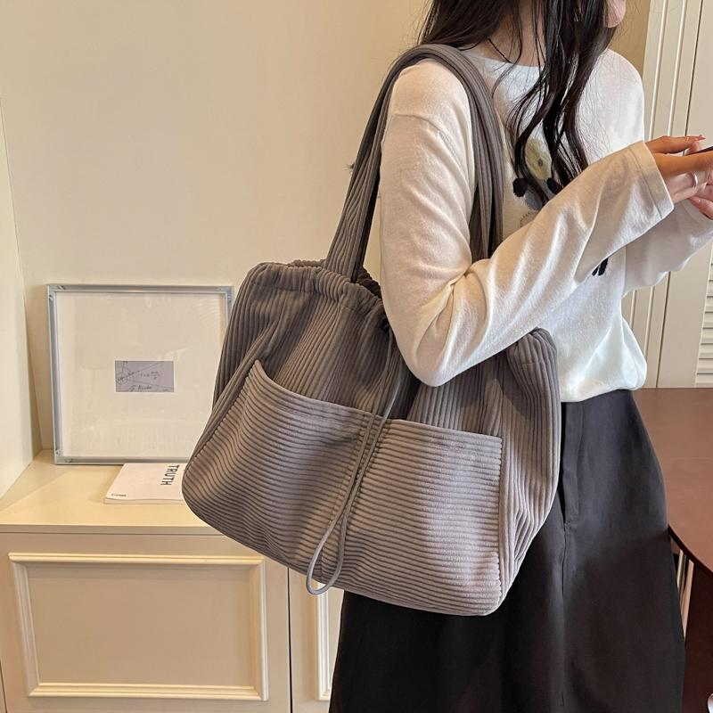 Solid Color Lightweight Corduroy Drawstring Tote Bag Large Capacity Shoulder Tote Bag