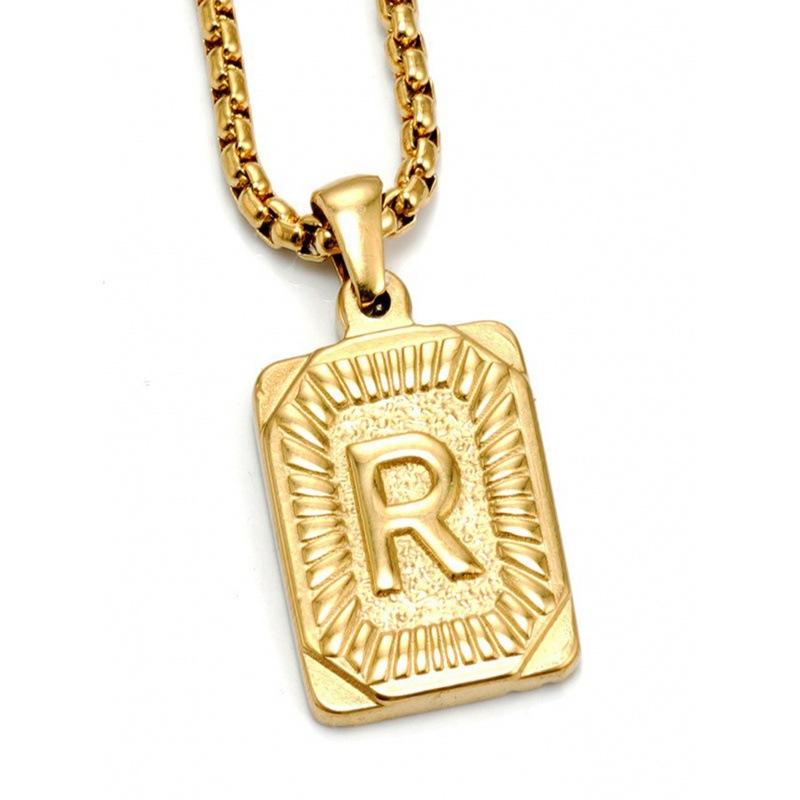 Necklace Jewelry Men's 18K Gold Square Double-sided 26 English Letter Pendant Titanium Steel Necklace