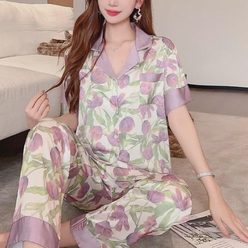 Women's Summer Short-Sleeve Ice Silk Pajamas In Purple Tulip Style