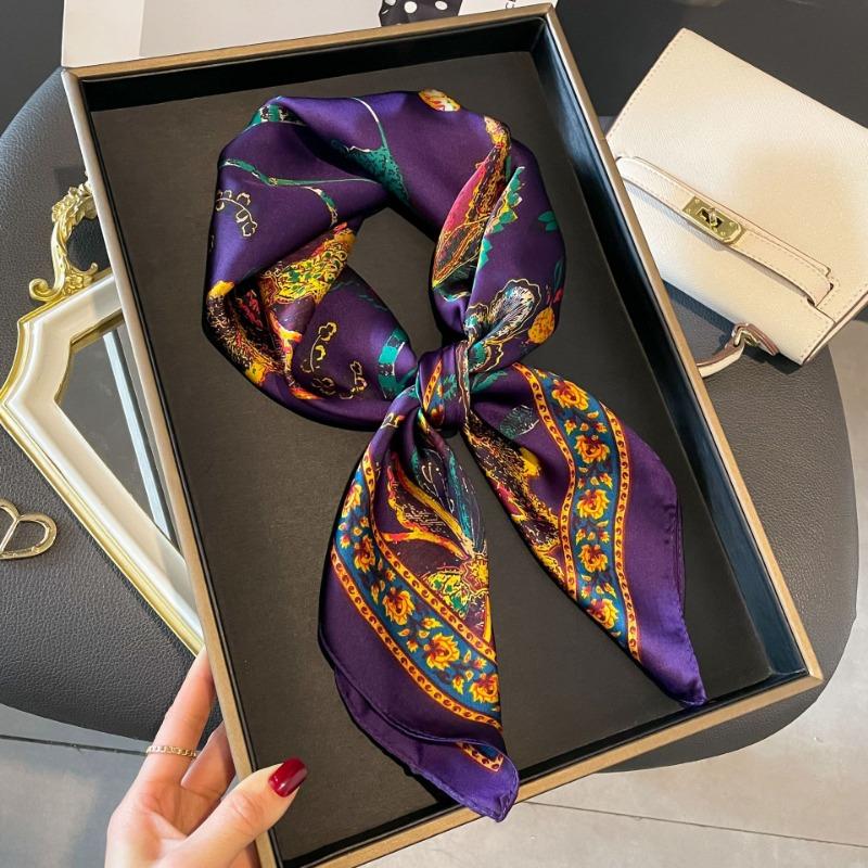 Luxury Brand 2024 Silk Square Scarf Women Cat Neck Hair Tie Band Beach Hijab Kerchief Head Headbands Bandana Female Foulard 70cm