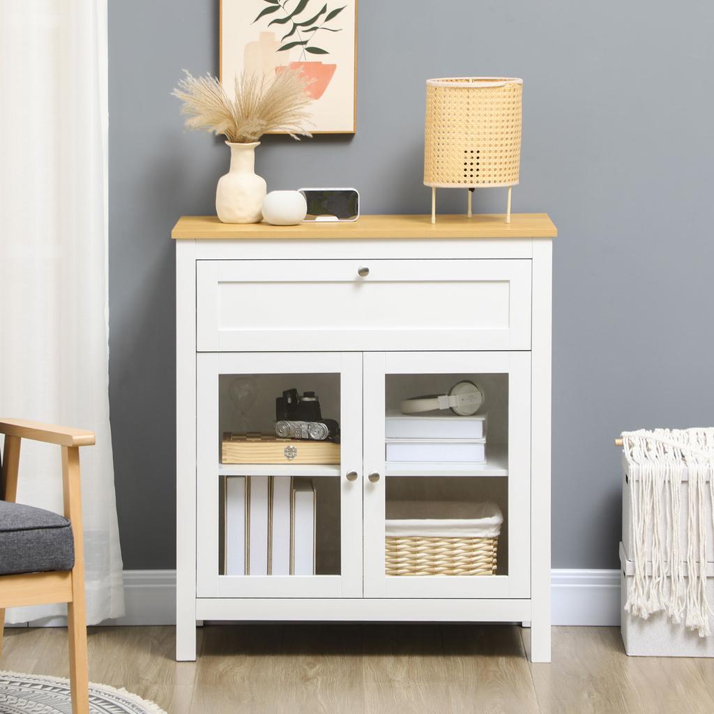 Modern Kitchen Sideboard Auxiliary Buffet Cabinet with Drawer Adjustable Shelf and 2 Glass Doors 80x40x90 cm White