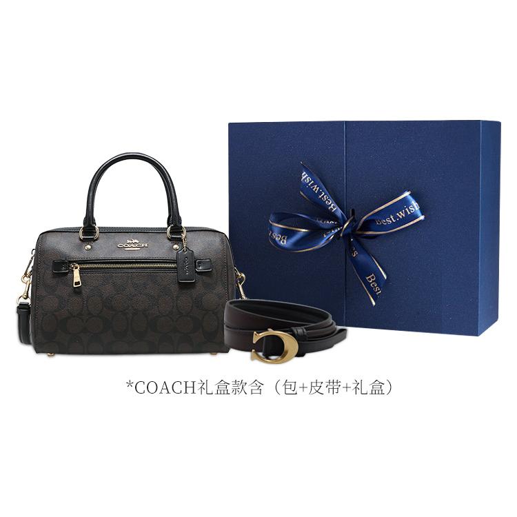 COACH Rowan Coated Canvas With Smooth Leather Boston Bag, Handbag, Shoulder Bag, Crossbody Bag Large Women's Dark Brown 83607-IMAA8