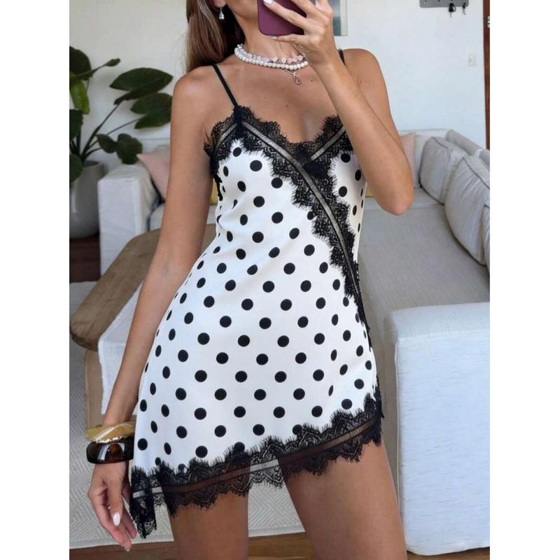 European summer elegant retro contrasting color polka dot printing lace splicing design suspender dress S