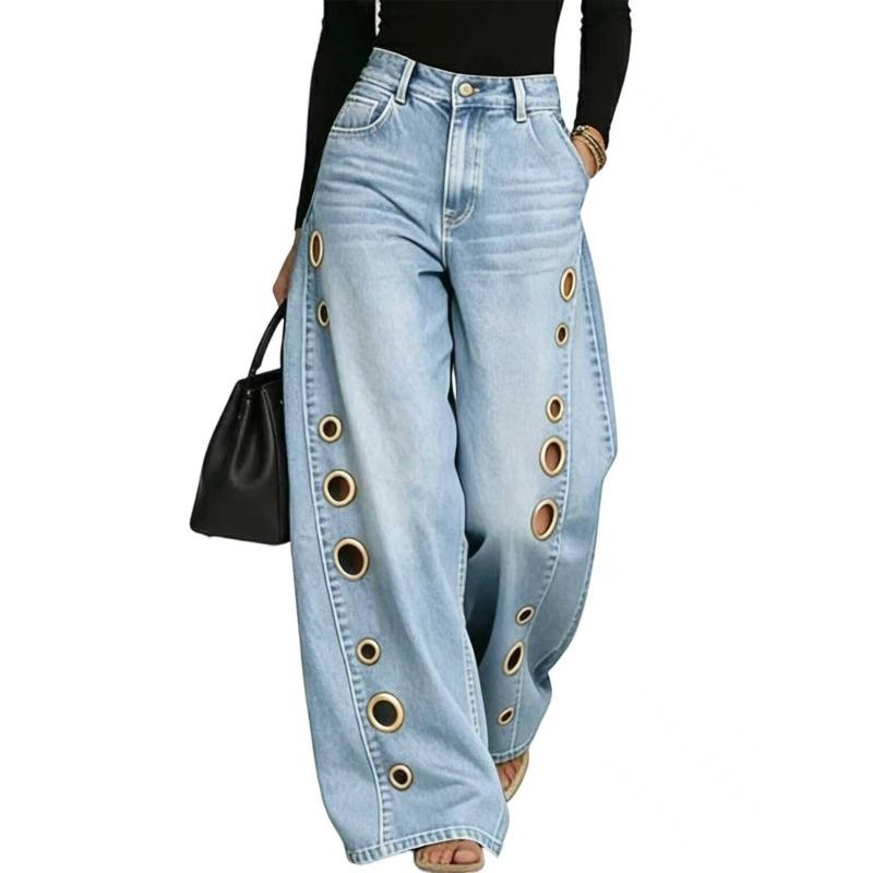 Metal Round Hole Casual Loose High Waist Wide Leg Jeans Women's Washed Cat Beard Ground White Jeans European and American