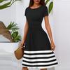 Women's Casual Fashion Round Neck Pleated Short Sleeve Striped Printed A-Line Midi Dress