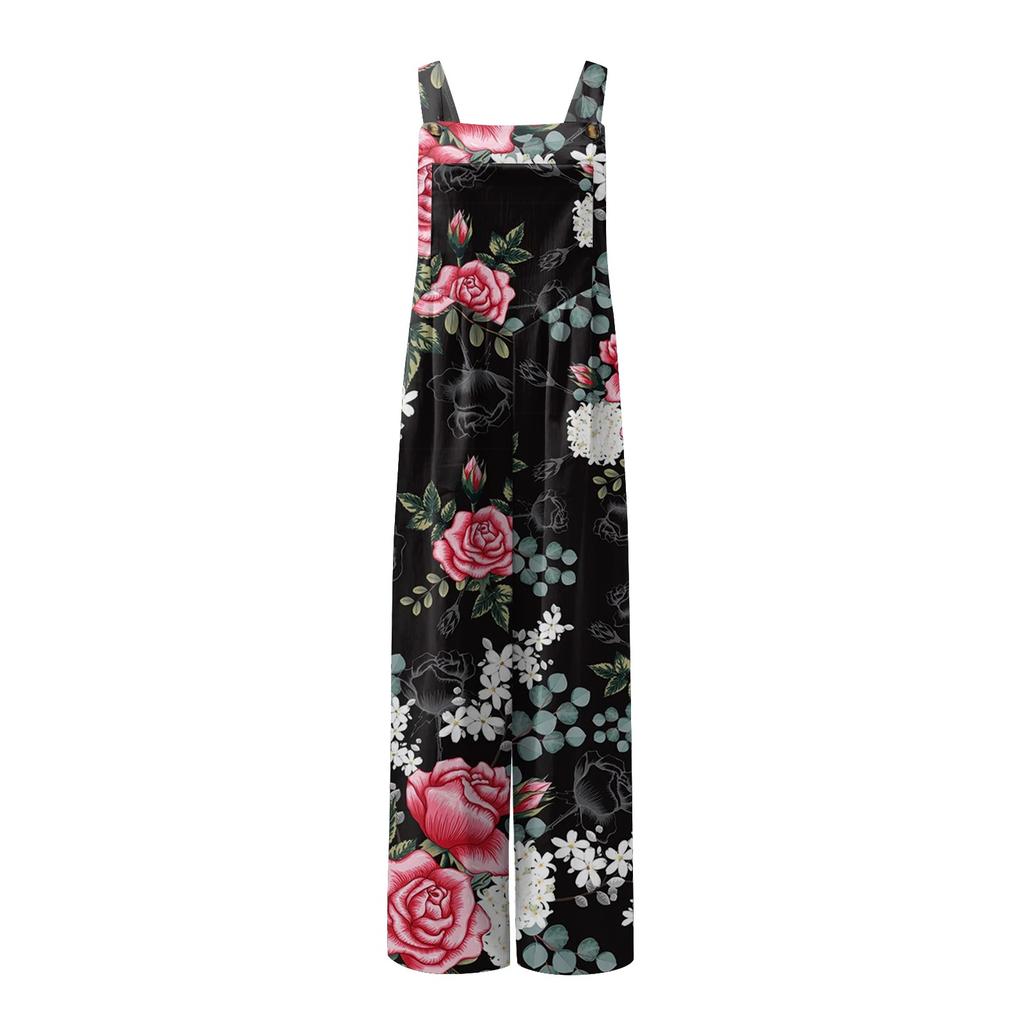 Wide Leg Overalls For Women Casual Loose Sleeveless Jumpsuits Retro Print Button Long Pant Romper Jumpsuit With Pockets