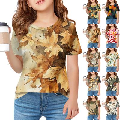 Children Fold A T-shirt Girl Summer Fashion Round Collar Printed Flower Jacket With Short Sleeves