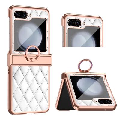 Electroplated Elegant Plain Leather Folding Hinge Ring Bracket Shockproof Protection Back Cover for Samsung Galaxy Z Flip 5 4 3 Case