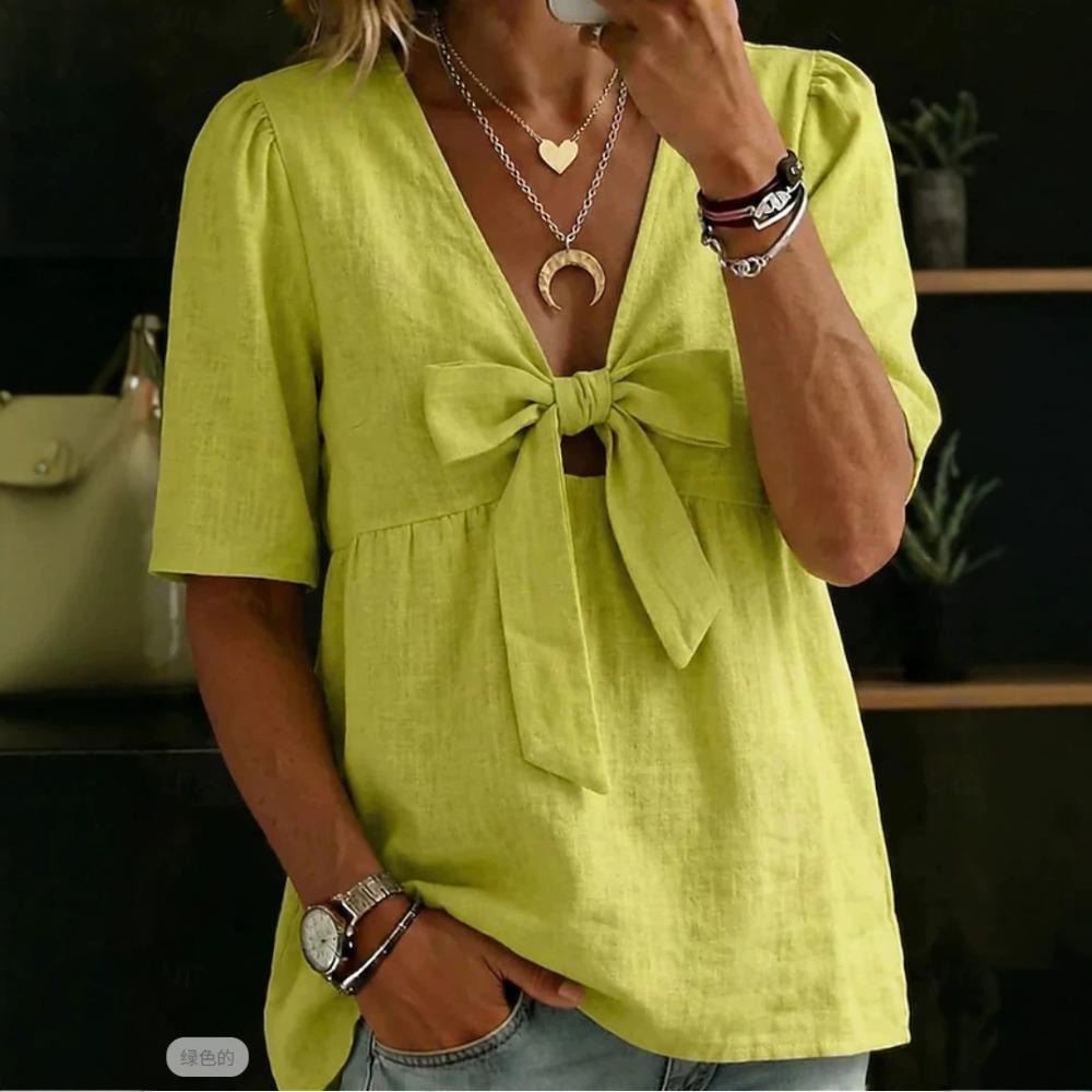 Women New Summer Fashion Loose Casual V-neck Tie Bow Blouse