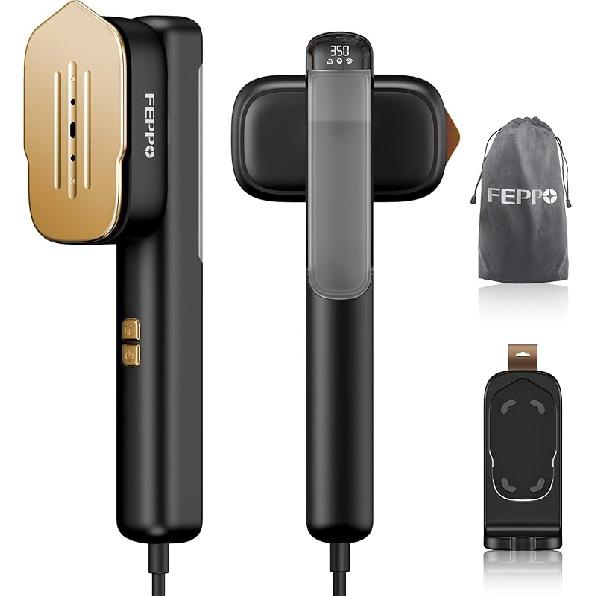 FEPPO Дорожный отпариватель для одежды, Двойное напряжение 110-240 В, Портативный отпариватель и утюг 2 в 1, Быстрый нагрев, Мощный отпариватель для одежды 1100 Вт, Большая керамическая Black-Gold